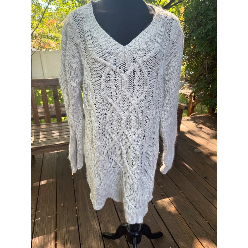 Soft Surroundings Boho Silk Angora Cable Knit Sweater Dress Cream XL V-Neck